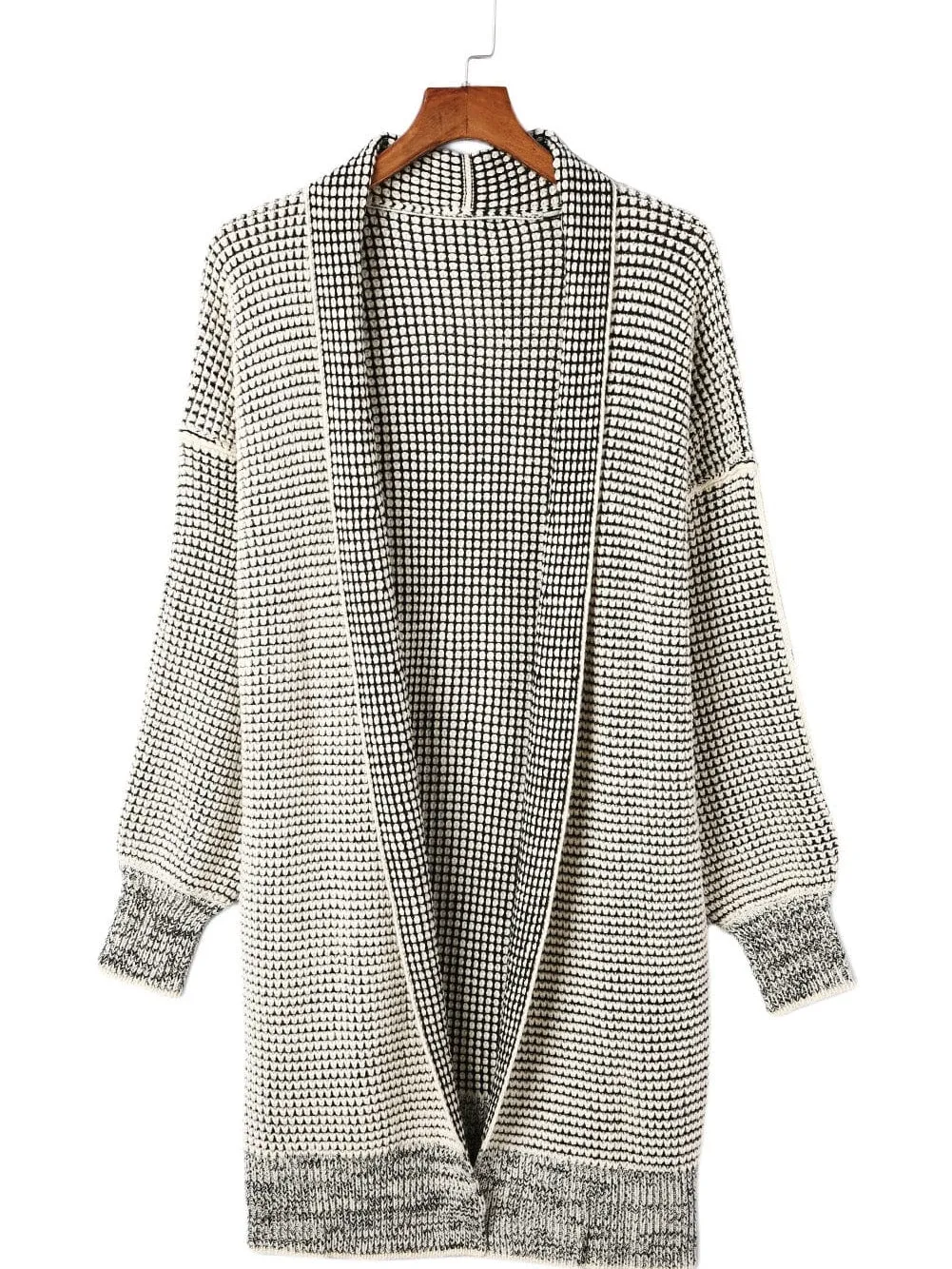 Apricot Checkered Knit Longline Open Front Cardigan