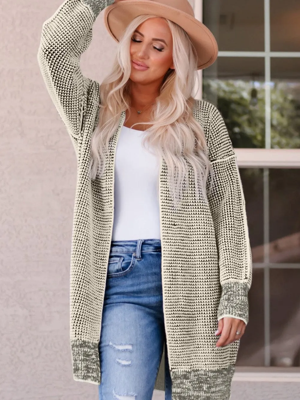 Apricot Checkered Knit Longline Open Front Cardigan