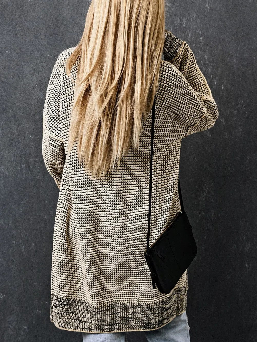 Apricot Checkered Knit Longline Open Front Cardigan