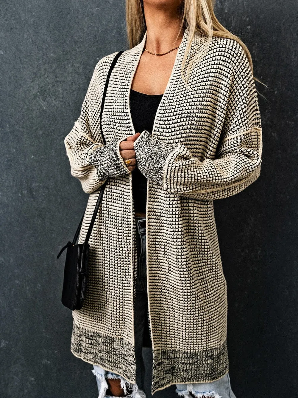 Apricot Checkered Knit Longline Open Front Cardigan