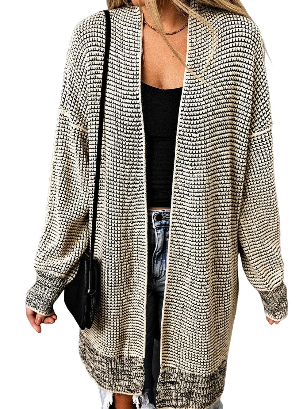 Apricot Checkered Knit Longline Open Front Cardigan