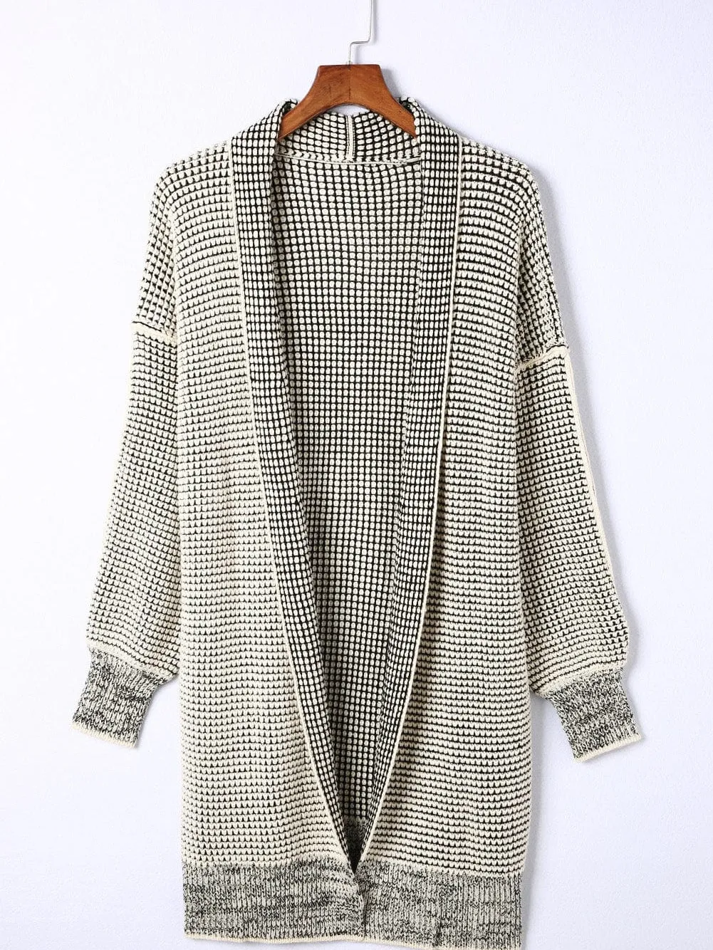 Apricot Checkered Knit Longline Open Front Cardigan