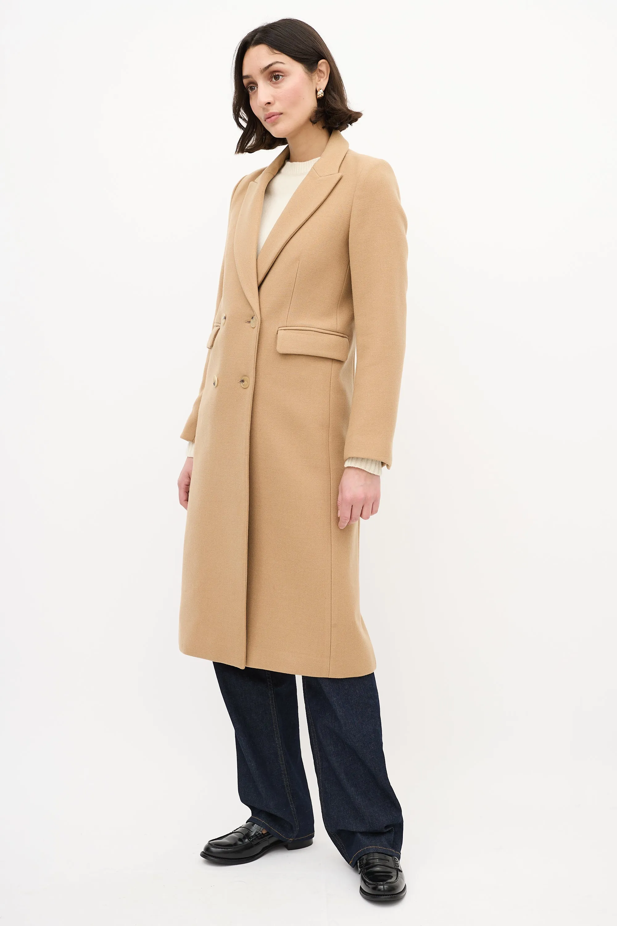 Beige Wool Long Double Breasted Coat