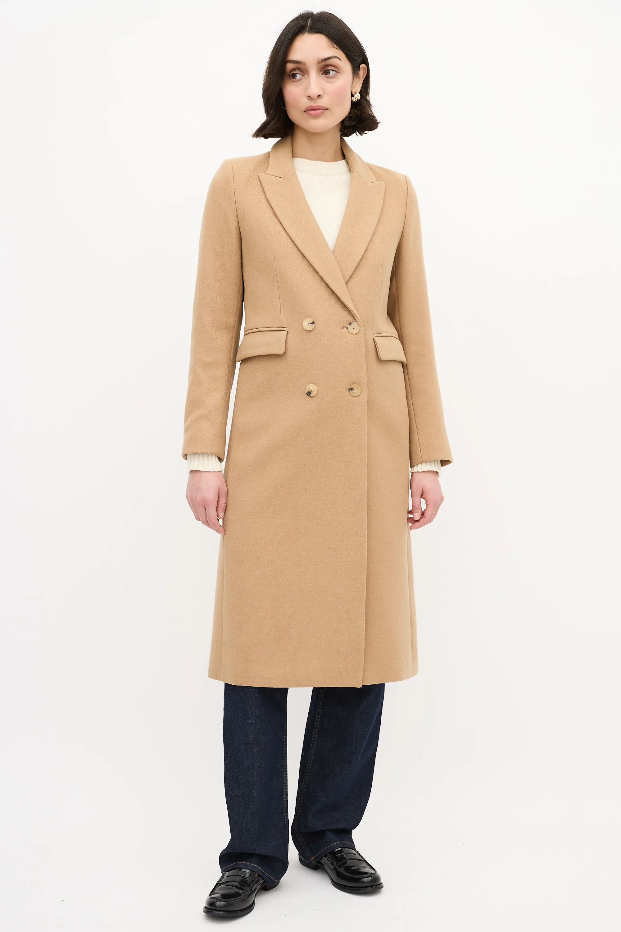 Beige Wool Long Double Breasted Coat