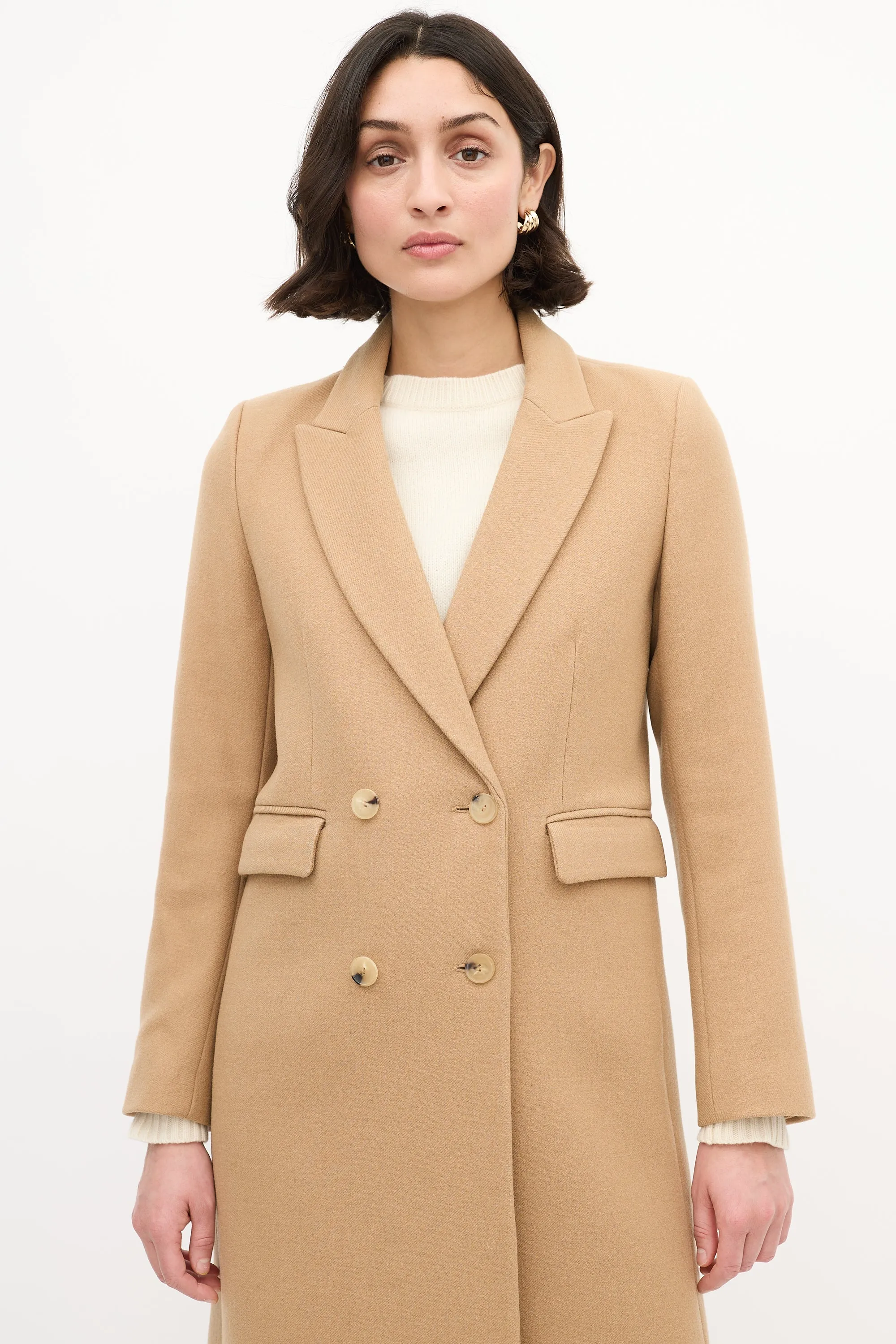 Beige Wool Long Double Breasted Coat