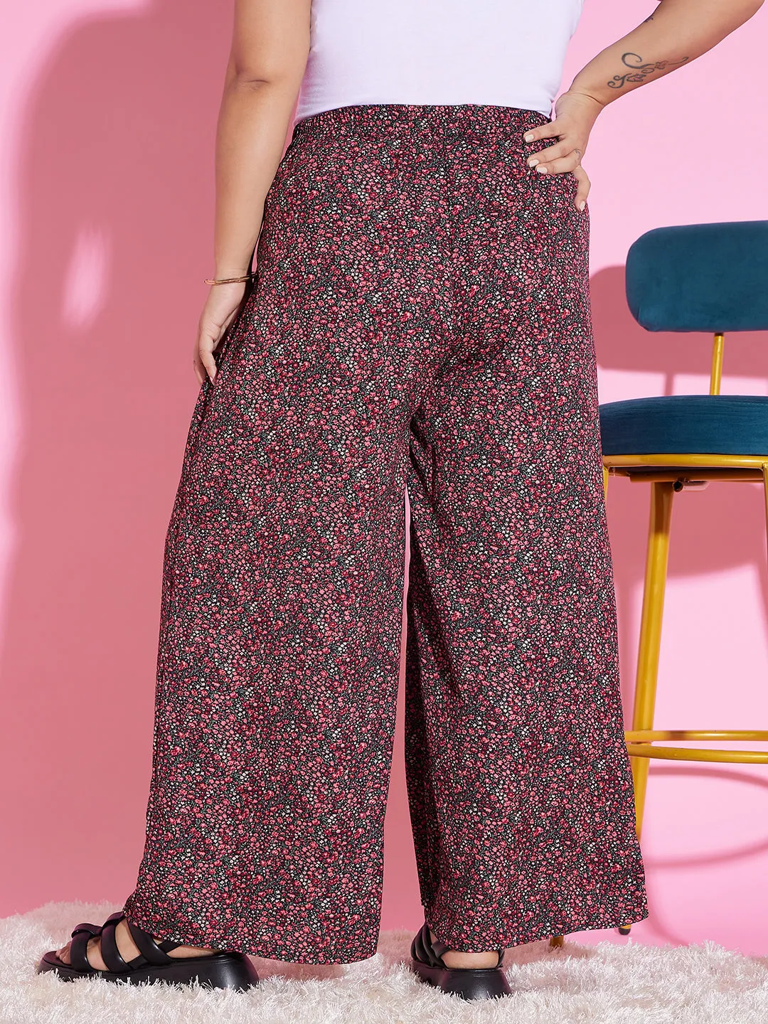 Berrylush Women Plus Size Black & Multicolour Floral Printed High-Rise Waist Wide-Leg Regular Parallel Trousers