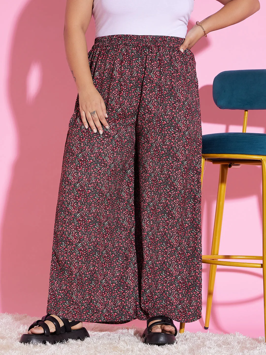 Berrylush Women Plus Size Black & Multicolour Floral Printed High-Rise Waist Wide-Leg Regular Parallel Trousers