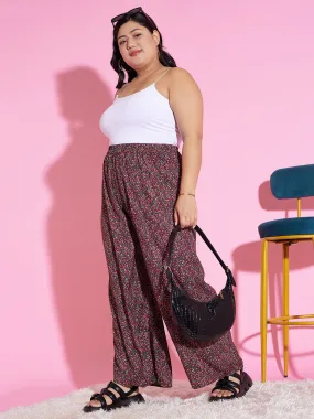 Berrylush Women Plus Size Black & Multicolour Floral Printed High-Rise Waist Wide-Leg Regular Parallel Trousers