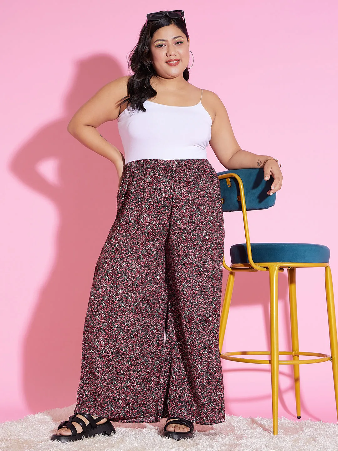 Berrylush Women Plus Size Black & Multicolour Floral Printed High-Rise Waist Wide-Leg Regular Parallel Trousers