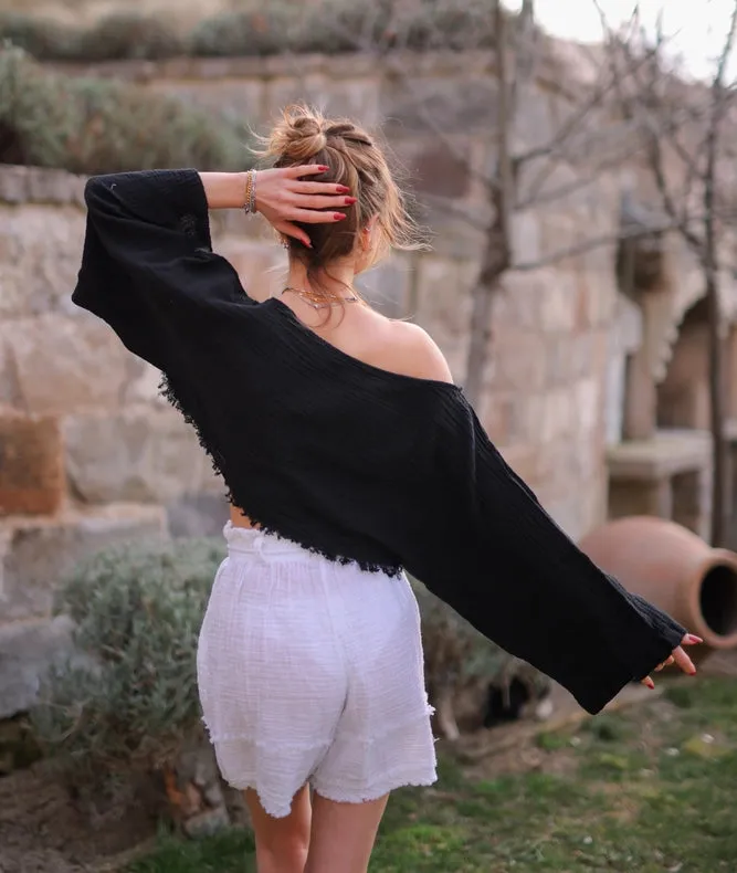 Black Muslin Off Shoulder Crop Top Blouse