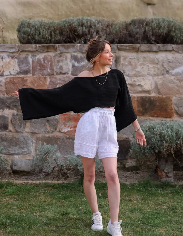 Black Muslin Off Shoulder Crop Top Blouse