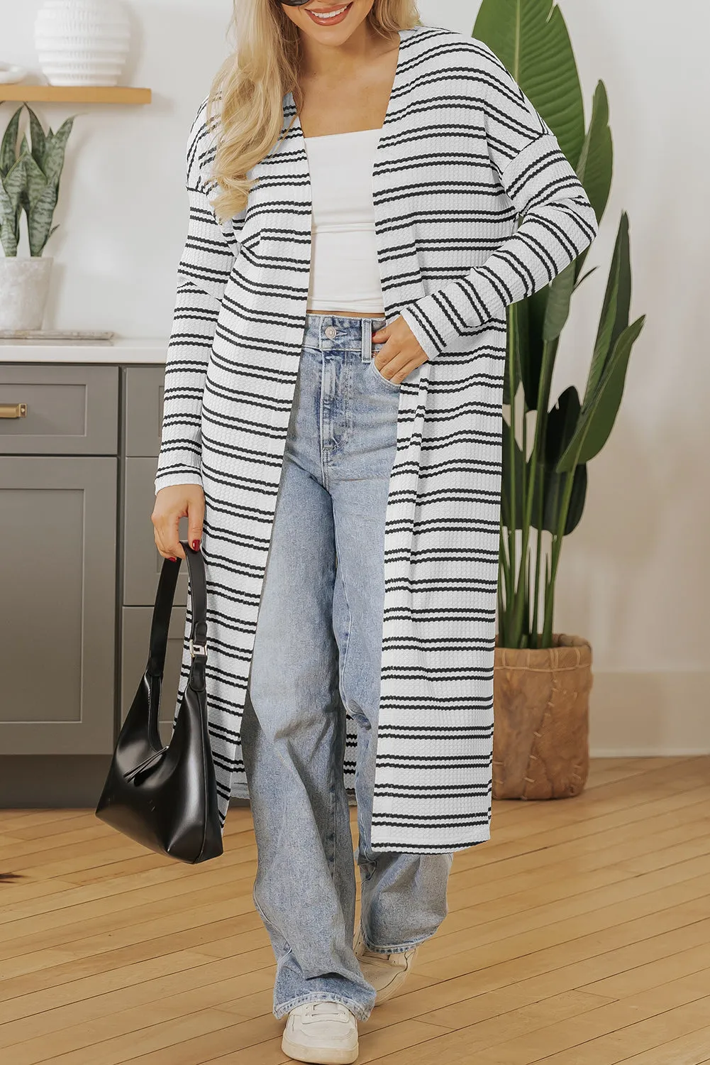 Black Stripe Open Front Duster Cardigan