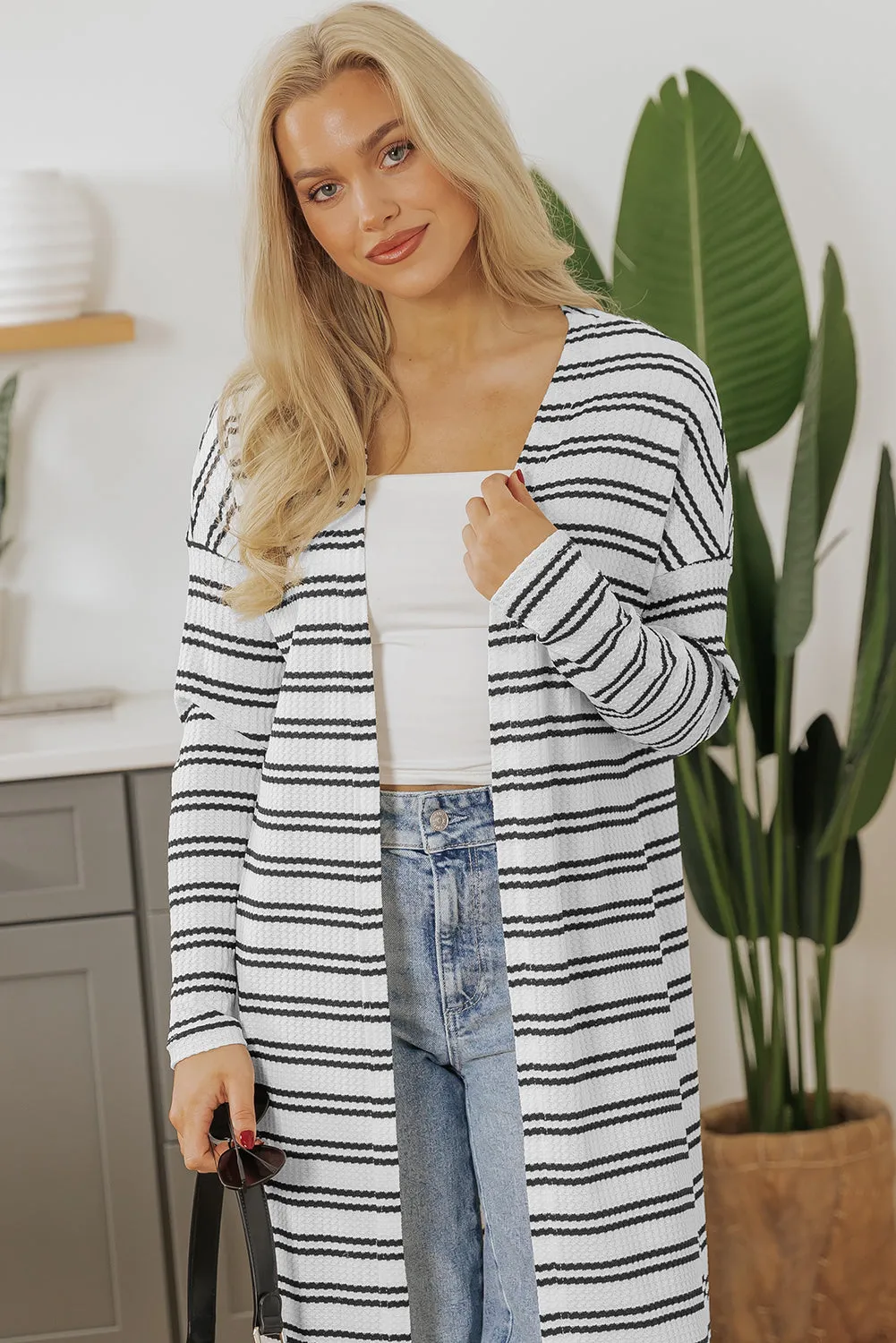 Black Stripe Open Front Duster Cardigan