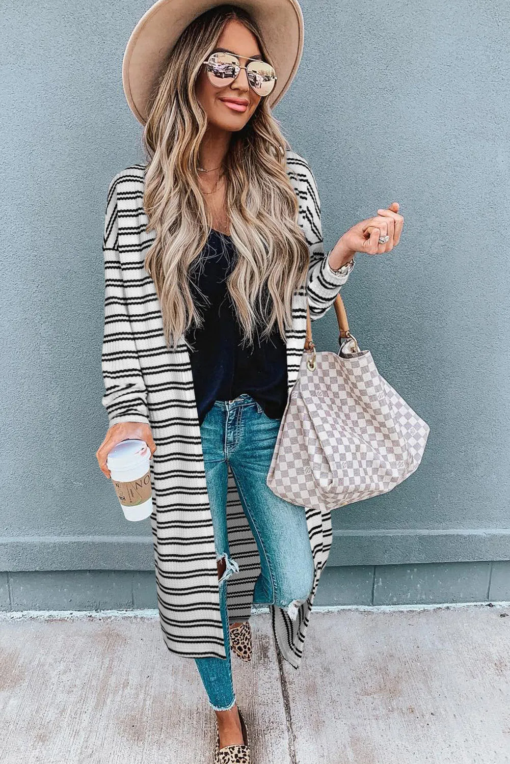 Black Stripe Open Front Duster Cardigan