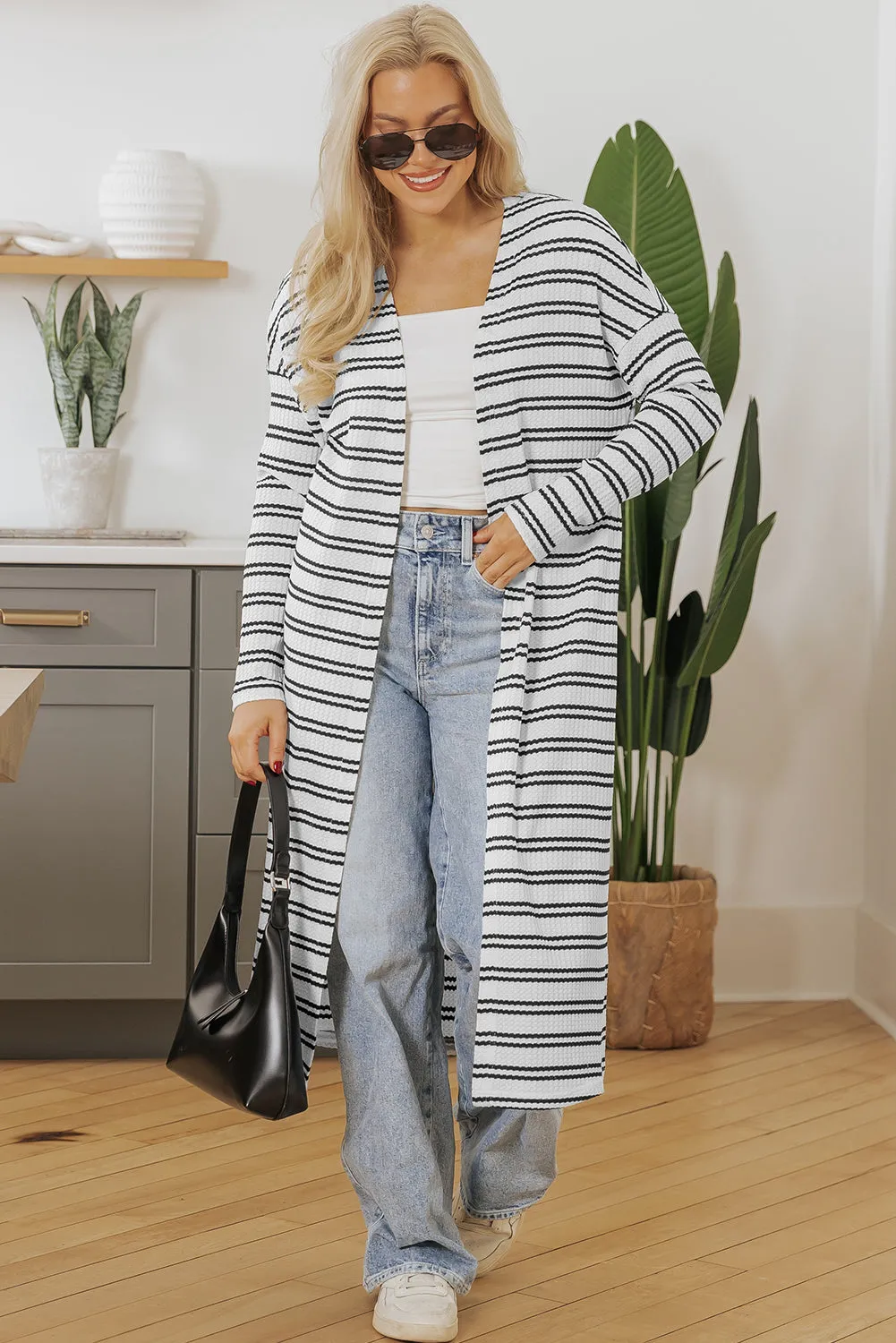 Black Stripe Open Front Duster Cardigan