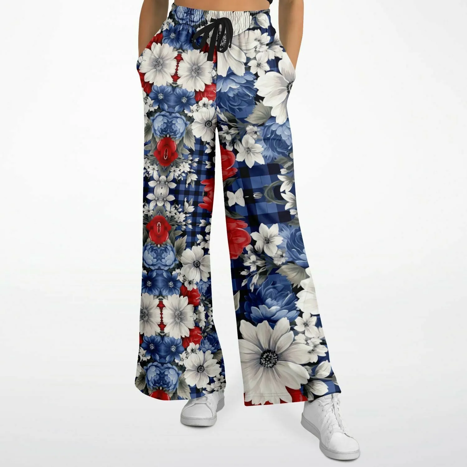 Blue Fashionista Floral Plaid Eco-Poly Wide Leg Pants