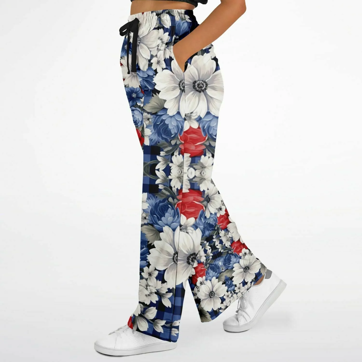 Blue Fashionista Floral Plaid Eco-Poly Wide Leg Pants