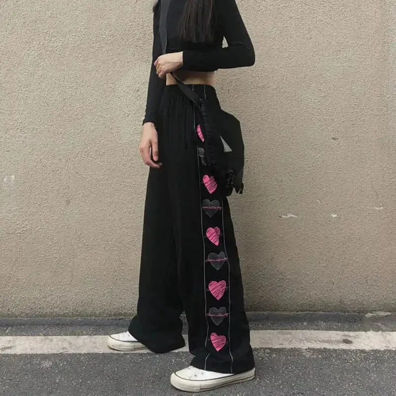 Bonnyshow Plus Size 6XL 150kg Spring Summer Pants Women Hearted Print Elastic Waist Black Wide Leg Pant Woman Loose Trousers