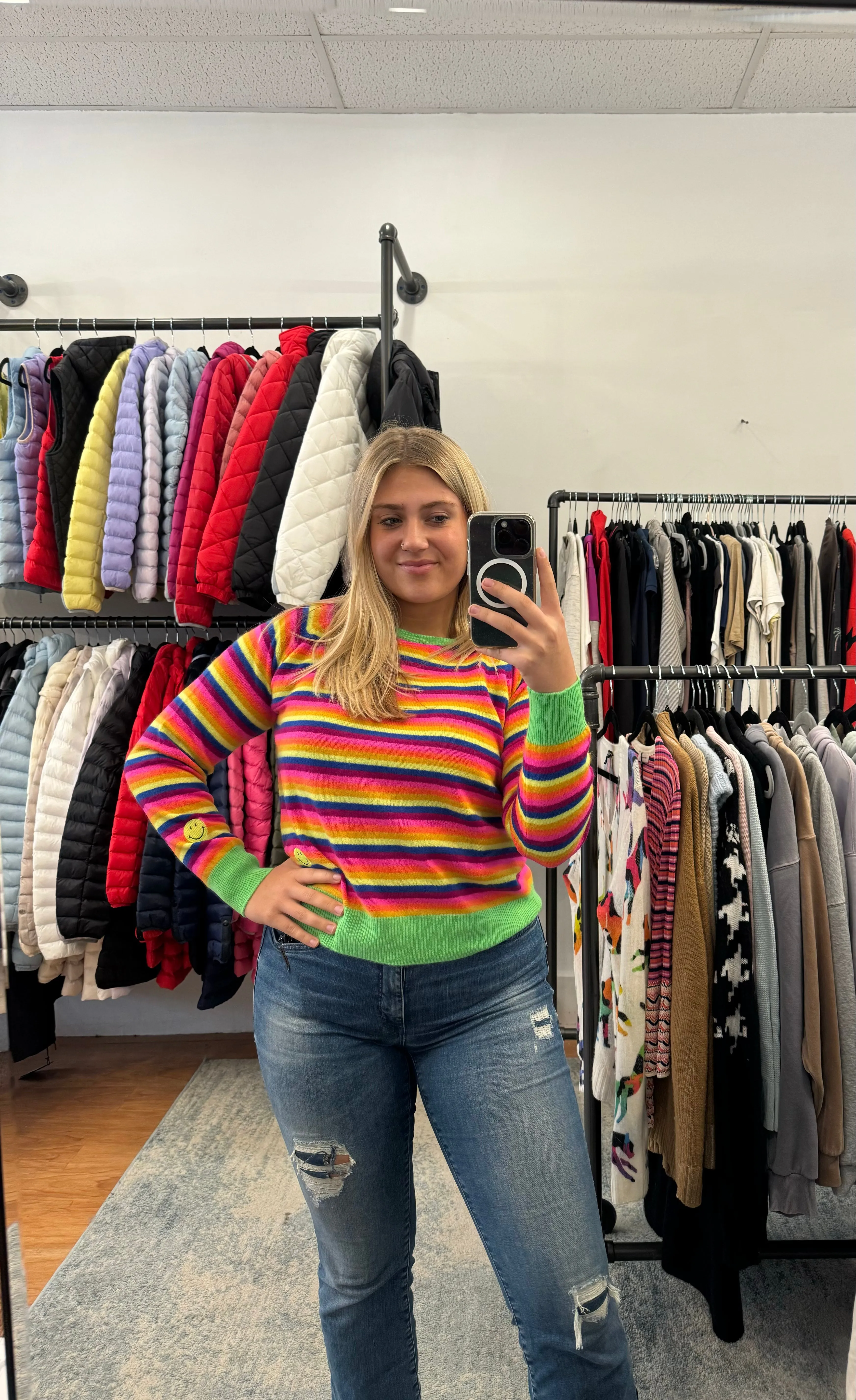 Brodie Cashmere Rainbow Stripe Smiley Crewneck