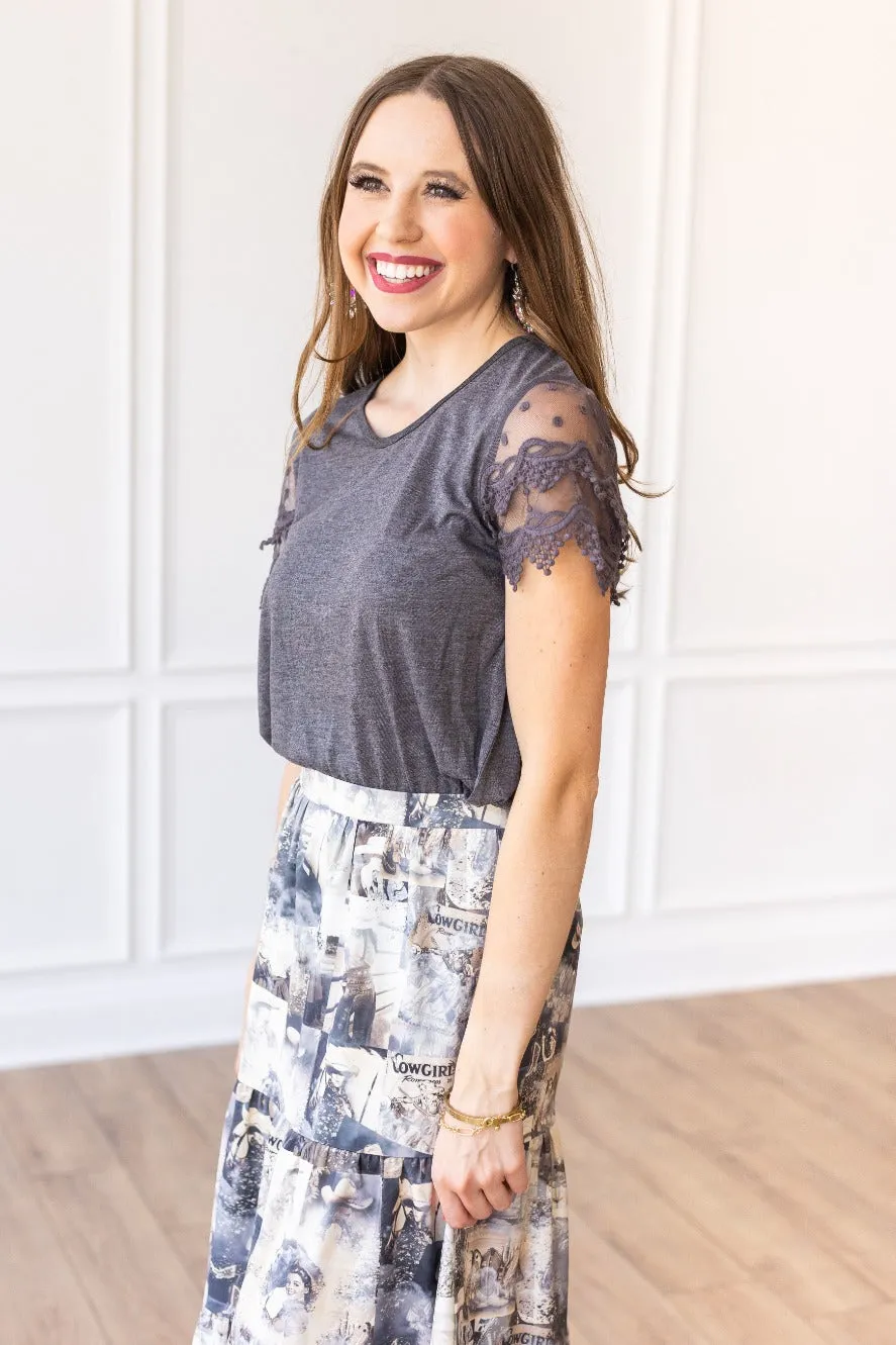 Brooke's Simple Tee with Crochet Lace Short Sleeves in Grey