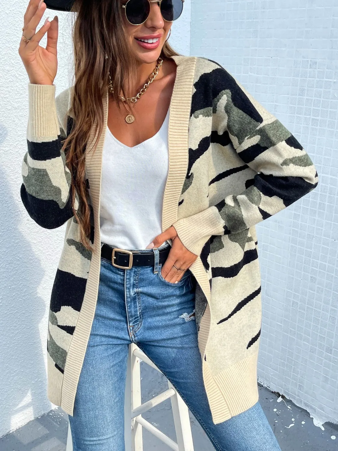 Camouflaged Dropped Shoulder Open Front Cardigan