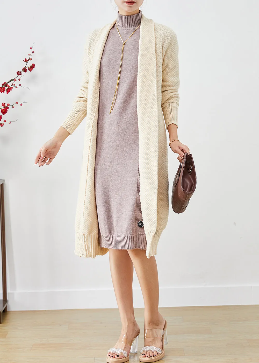 Casual Beige Oversized Cashmere Knit Long Cardigans Fall LY9329