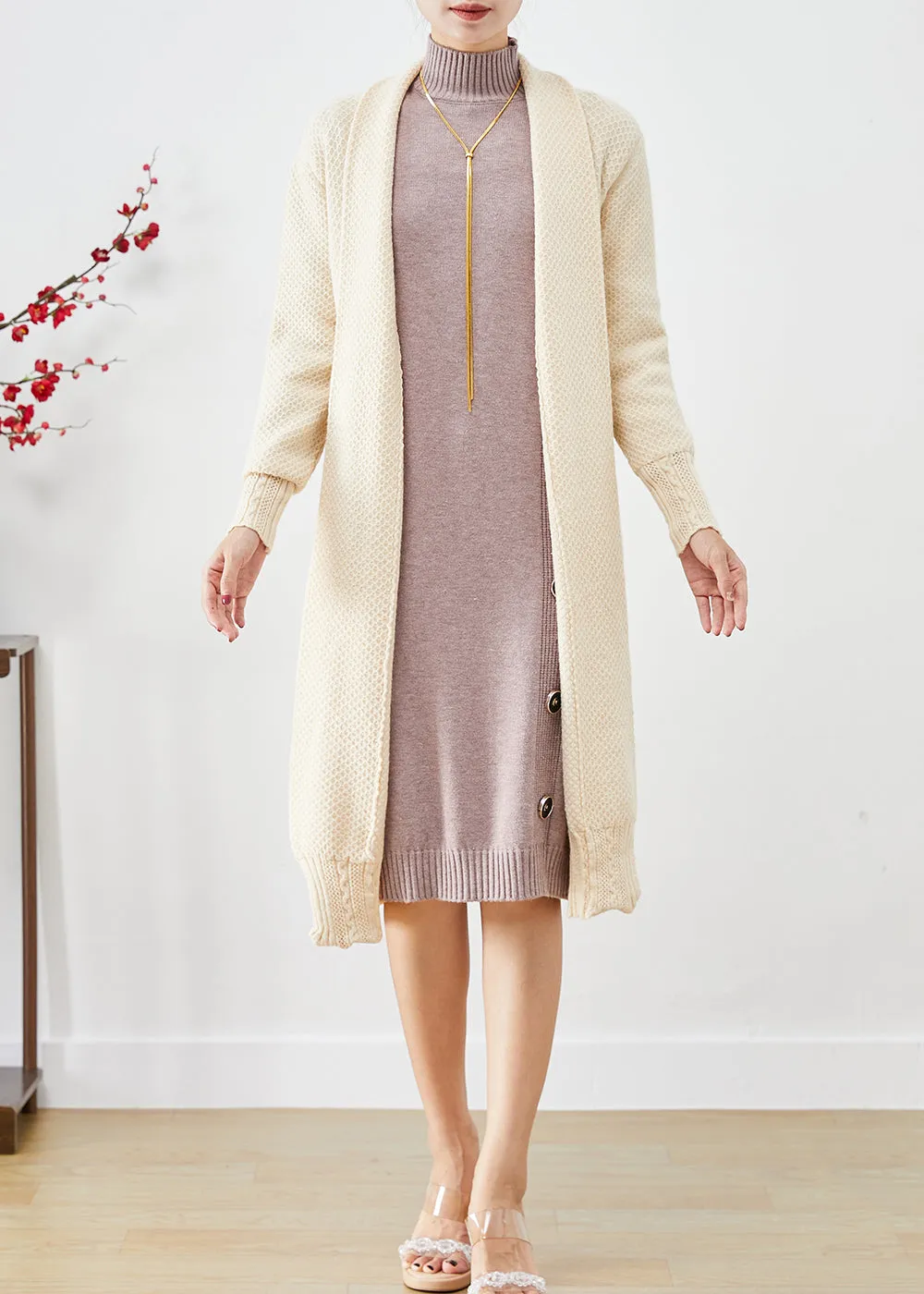 Casual Beige Oversized Cashmere Knit Long Cardigans Fall LY9329