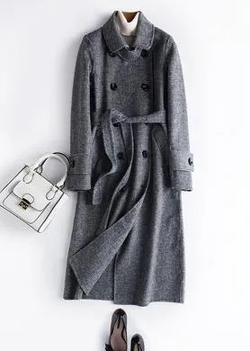 Classy black plaid fine Long Woolen CoatsPhotography Notched tie waist fall Woolen Coats