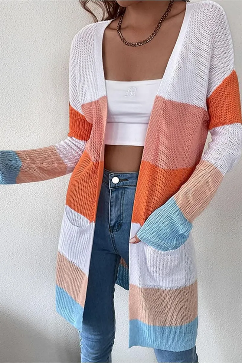 COLOR BLOCKED OPEN FRONT KNIT CARDIGAN