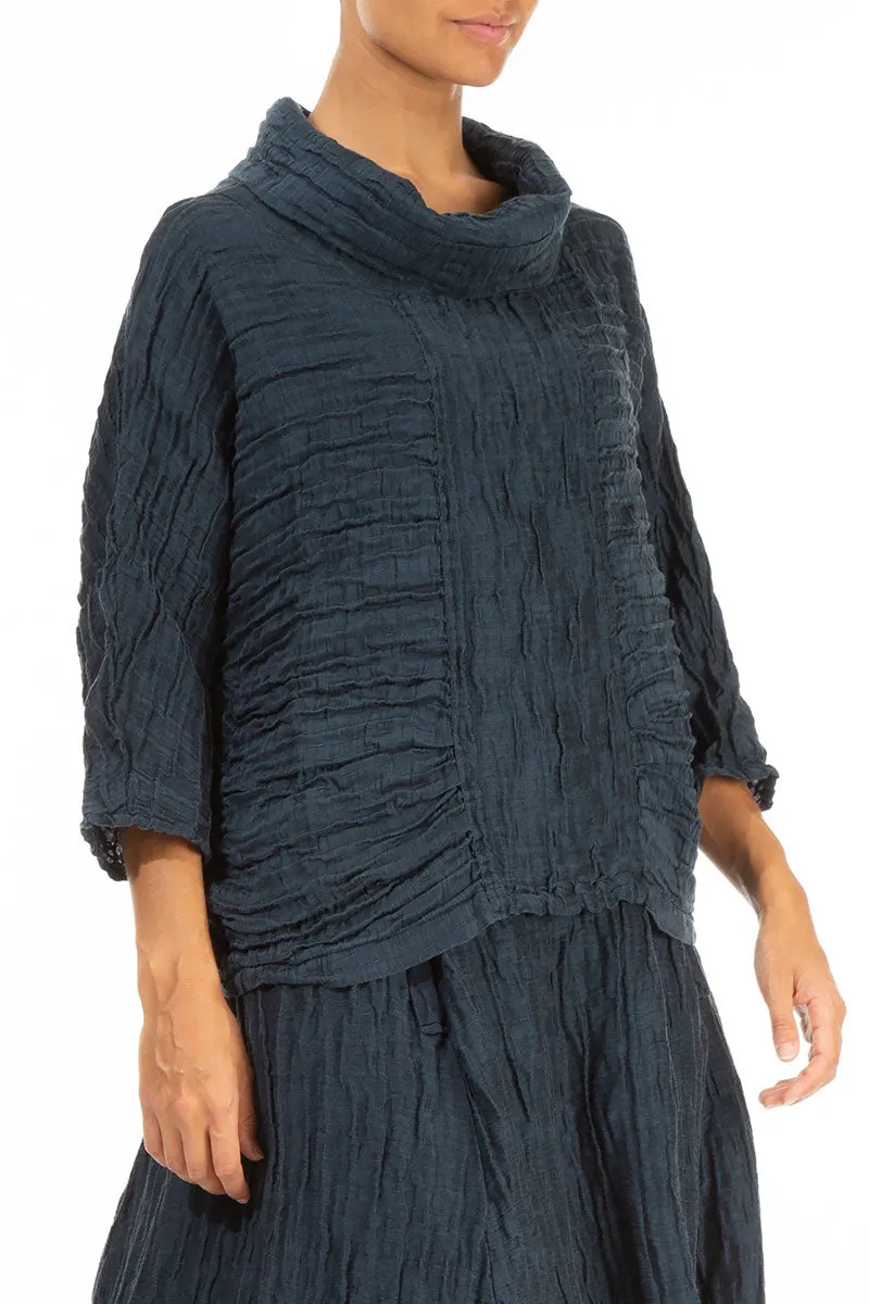 Cowl Neck Crinkled Midnight Blue Silk Blouse