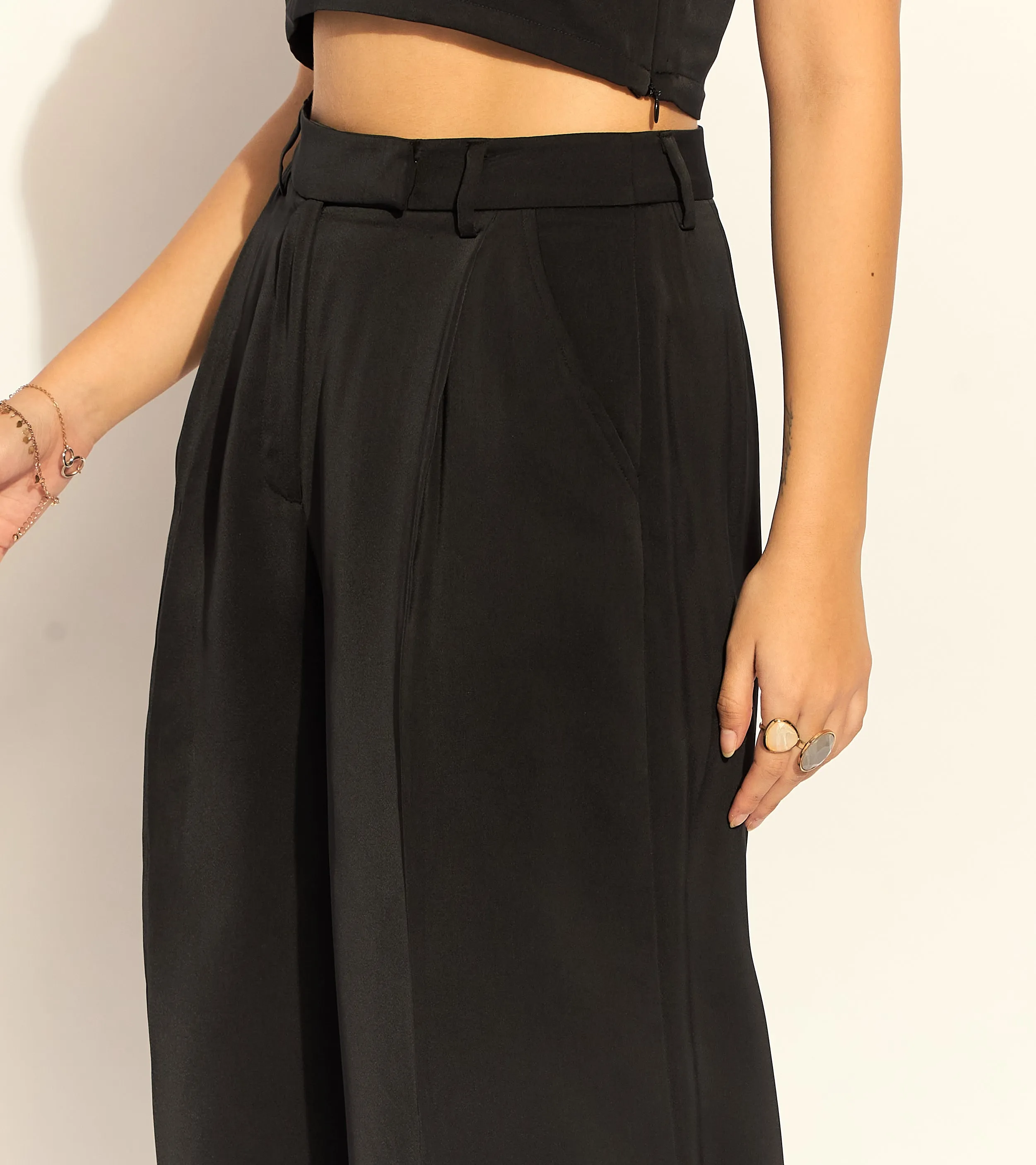 Elegant Black Relaxed Straight Fit Satin High Waist Wide Leg Trouser In Soft Satin