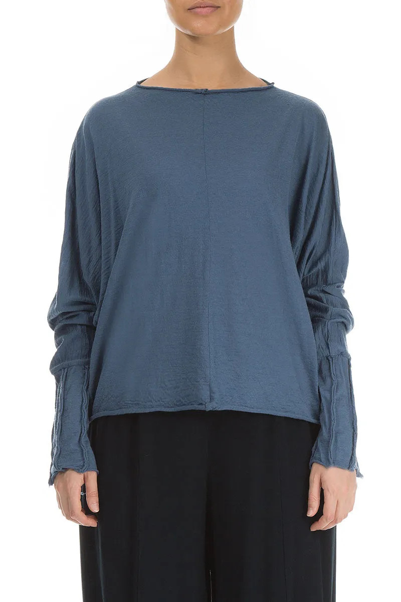 Exposed Seam Sleeves Blue Pure Wool Jumper