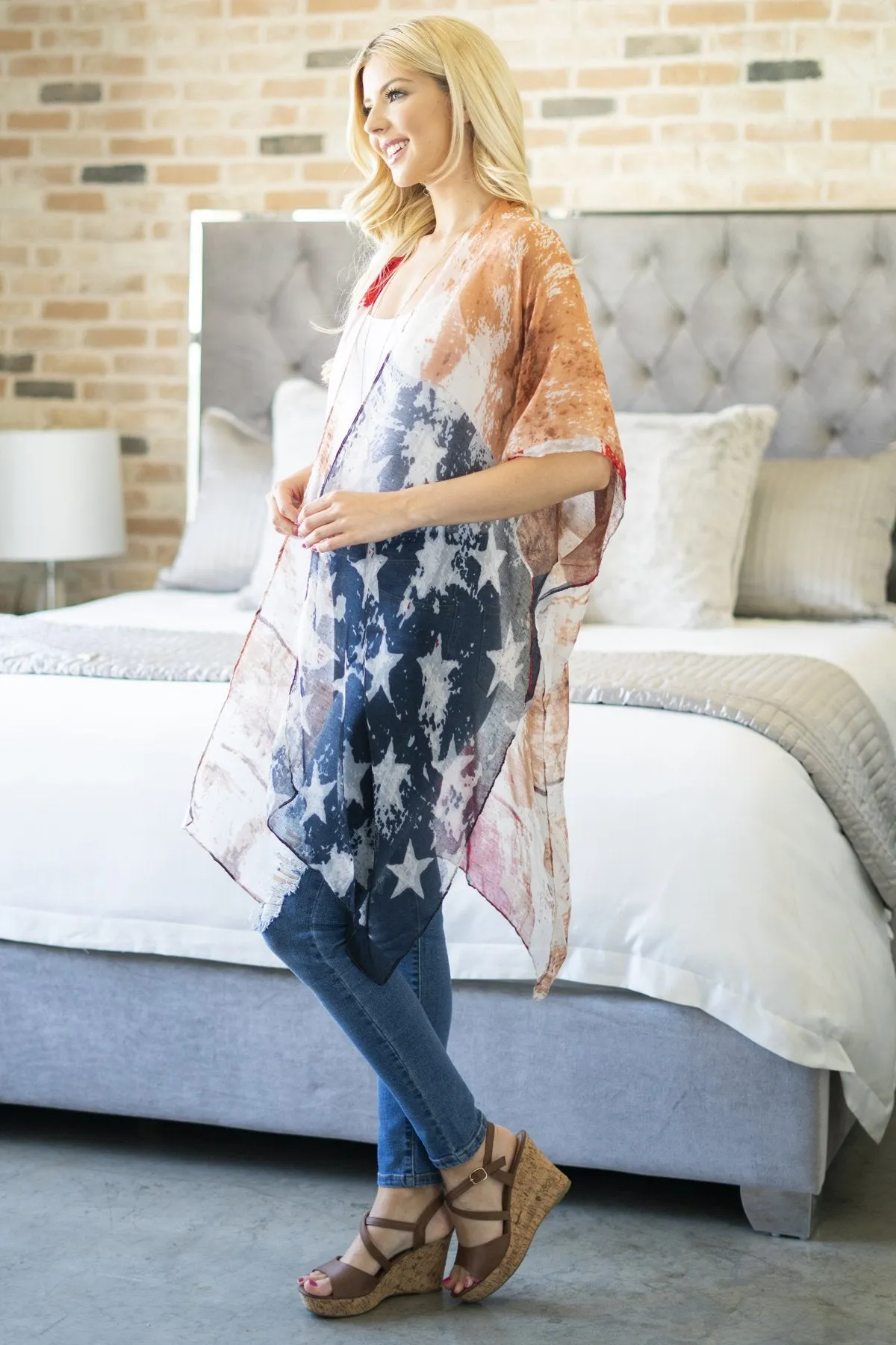 Faded Usa Accent Open Front Kimono