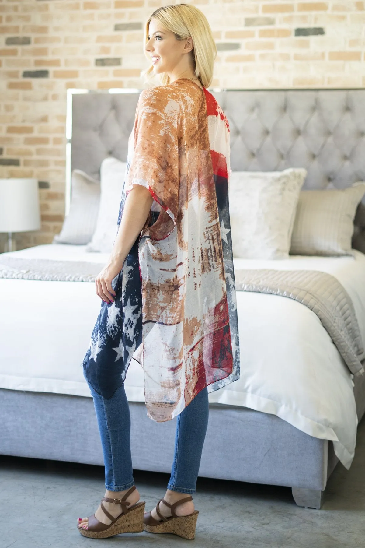 Faded Usa Accent Open Front Kimono