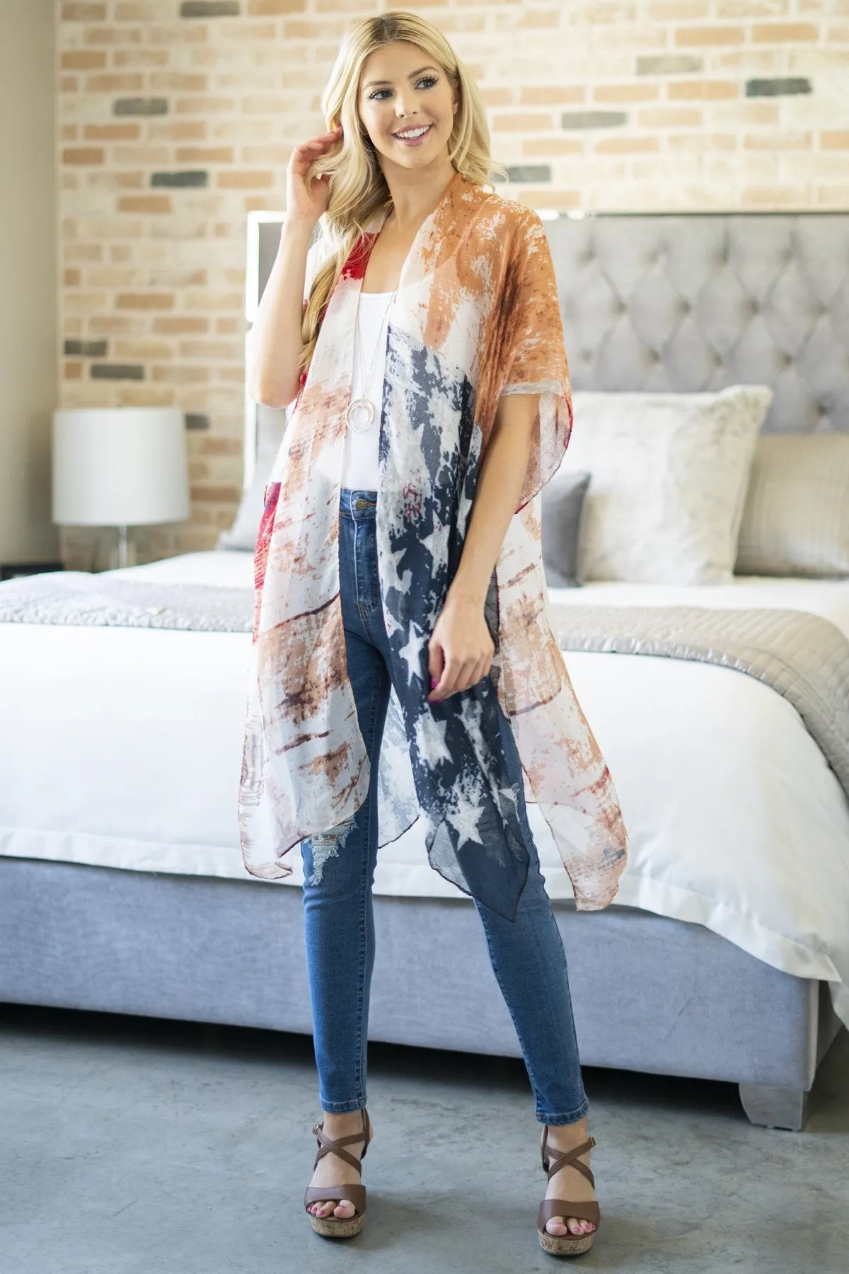 Faded Usa Accent Open Front Kimono