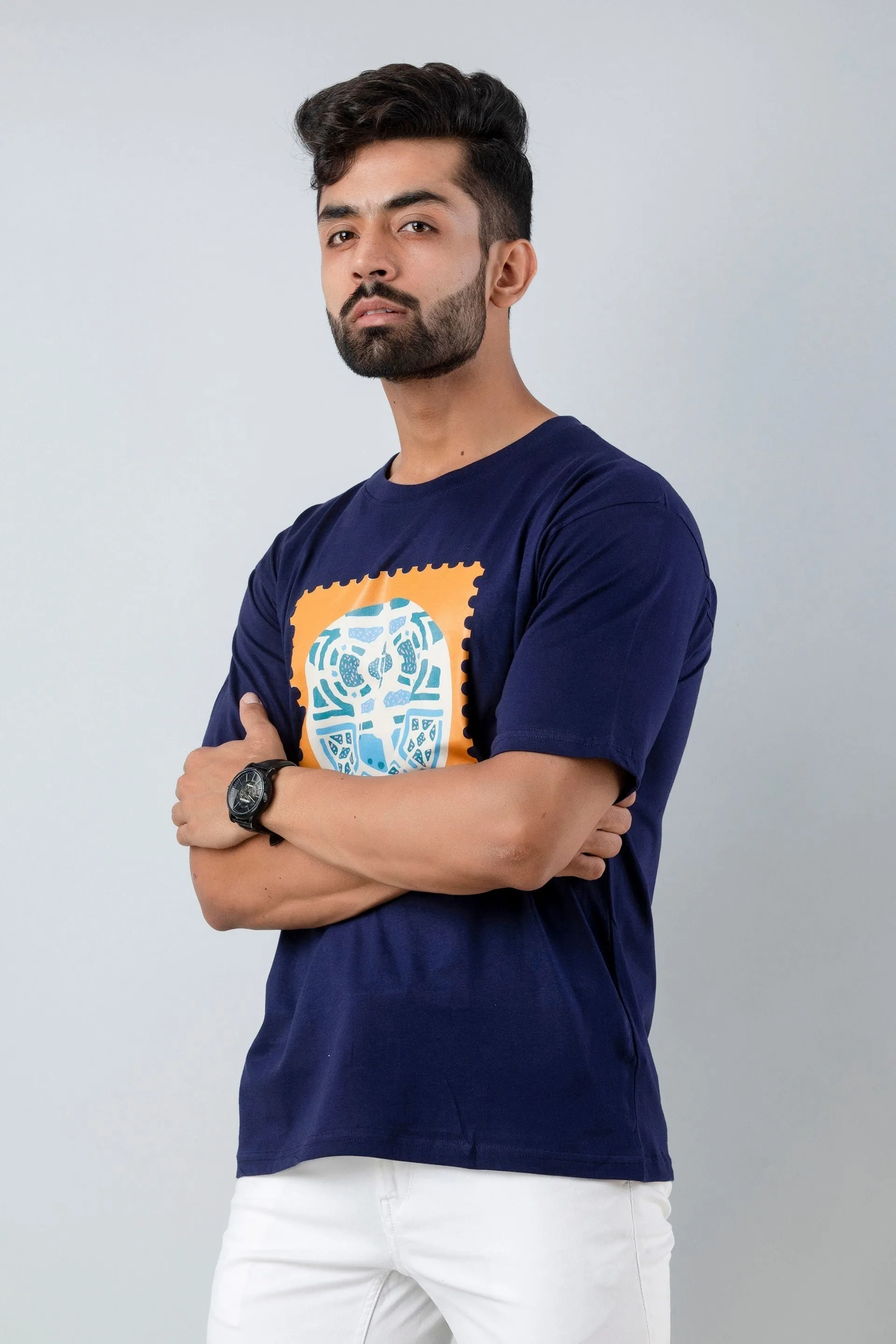 Firangi Yarn Oversize Tshirt in Dark Blue With Front Print (Baggy Tee)