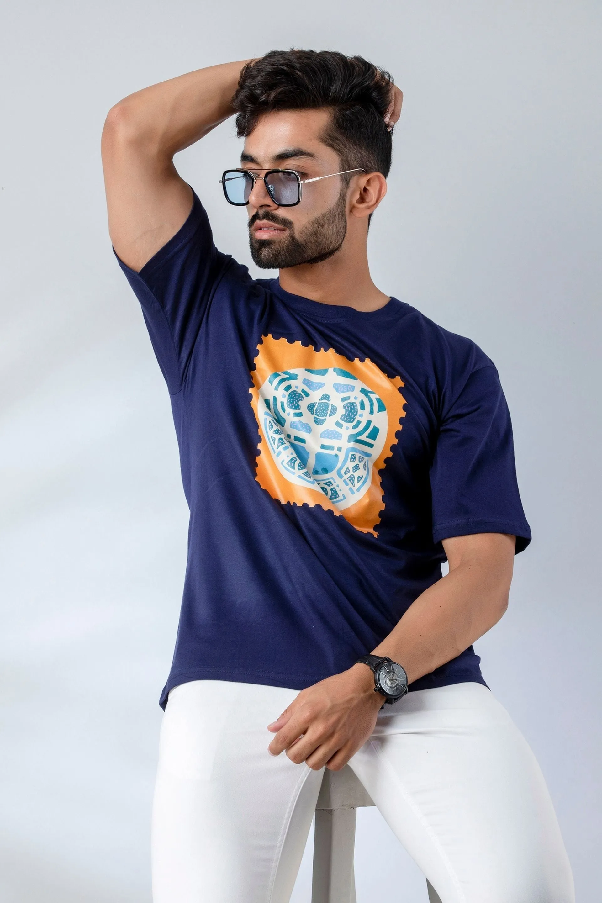 Firangi Yarn Oversize Tshirt in Dark Blue With Front Print (Baggy Tee)