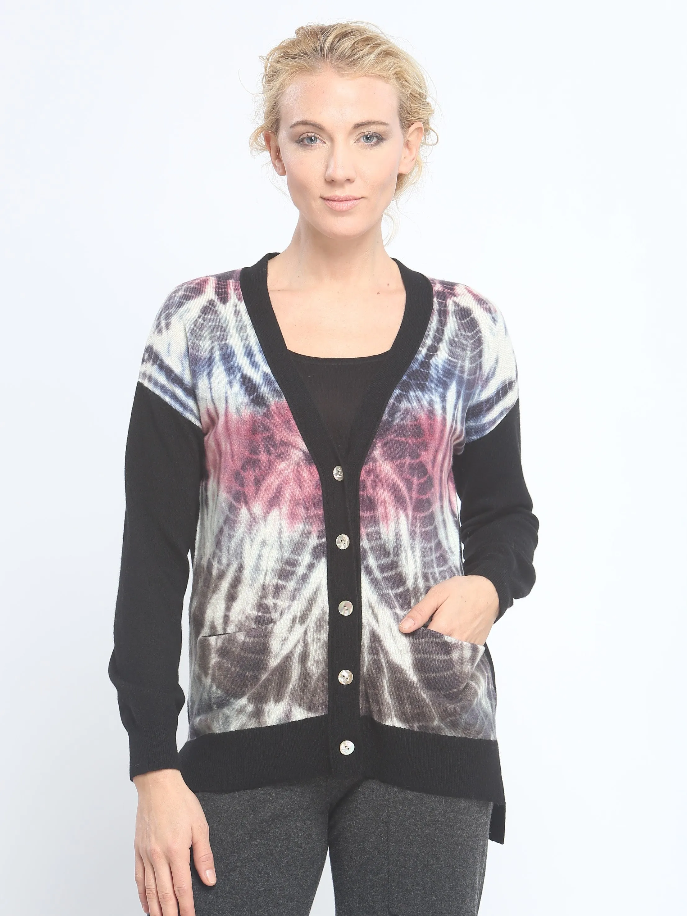 Hand Dye Block V Neck Cardigan