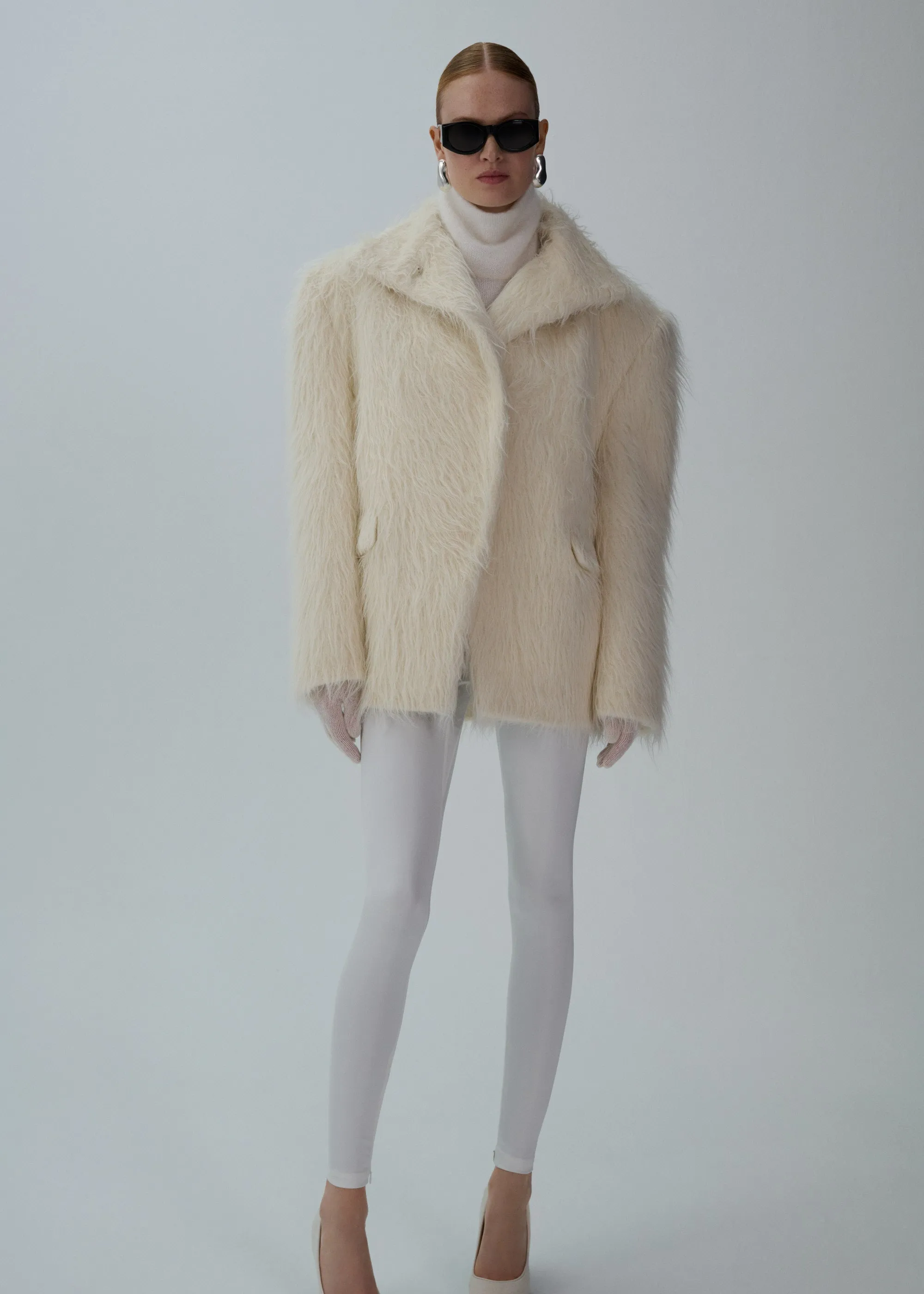 High-collar alpaca wool jacket in cream