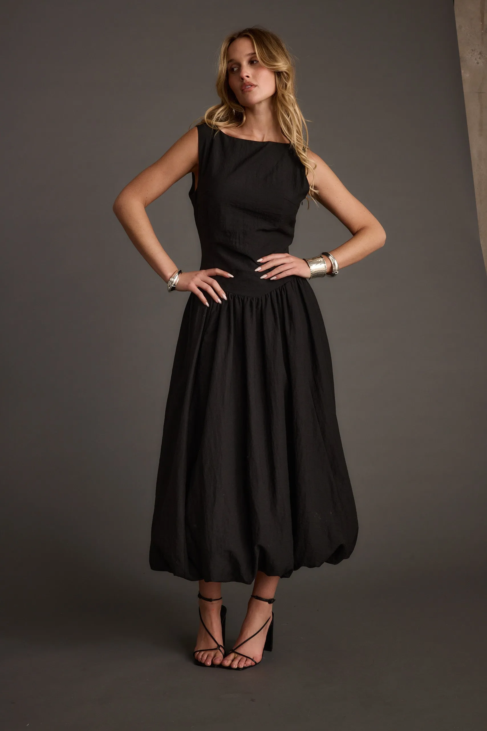 Kate Black Drop Waist Bubble Hem Midi Dress