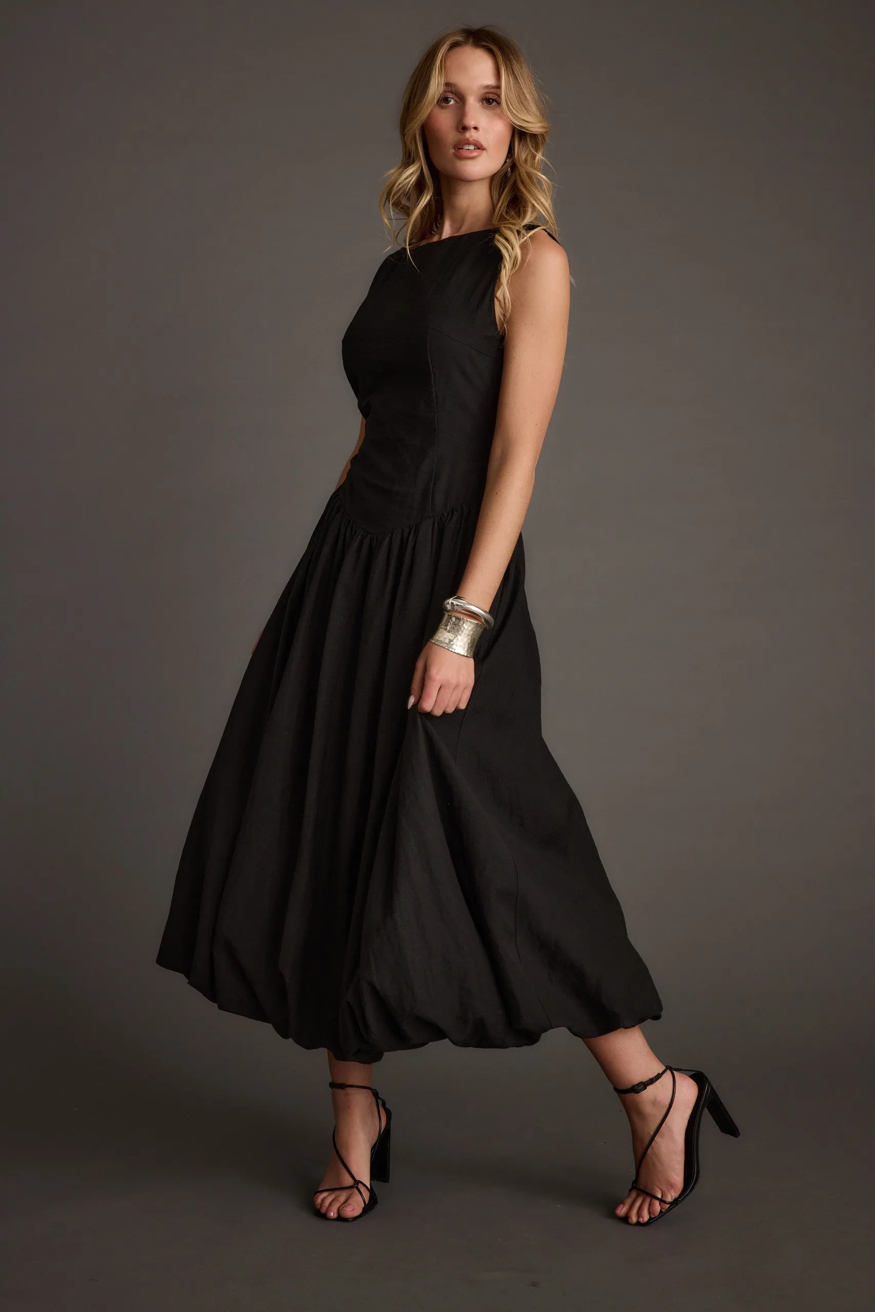 Kate Black Drop Waist Bubble Hem Midi Dress