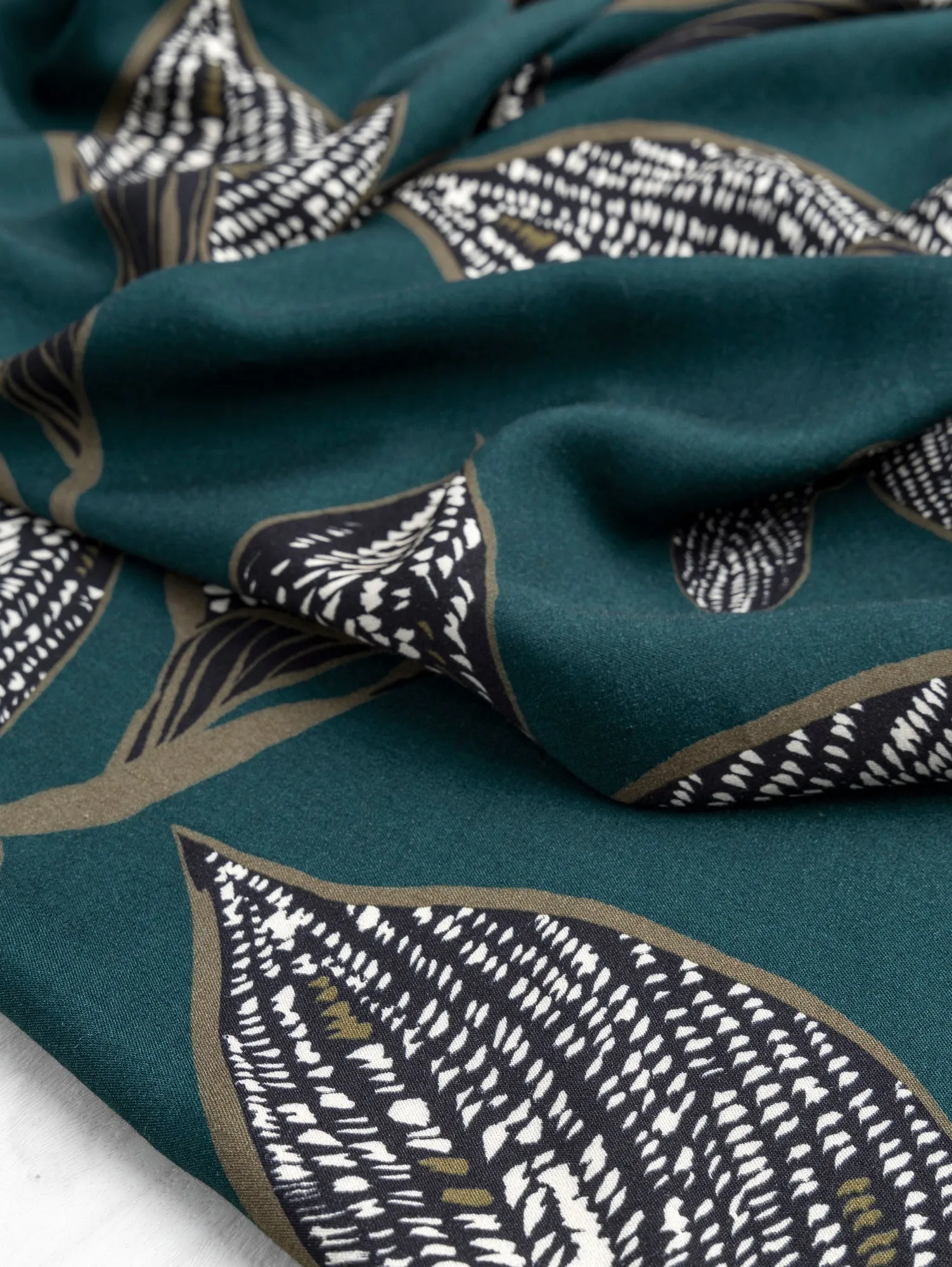 Large Graphic Leaf Print EcoVero Challis - Dark Teal   Olive   Black