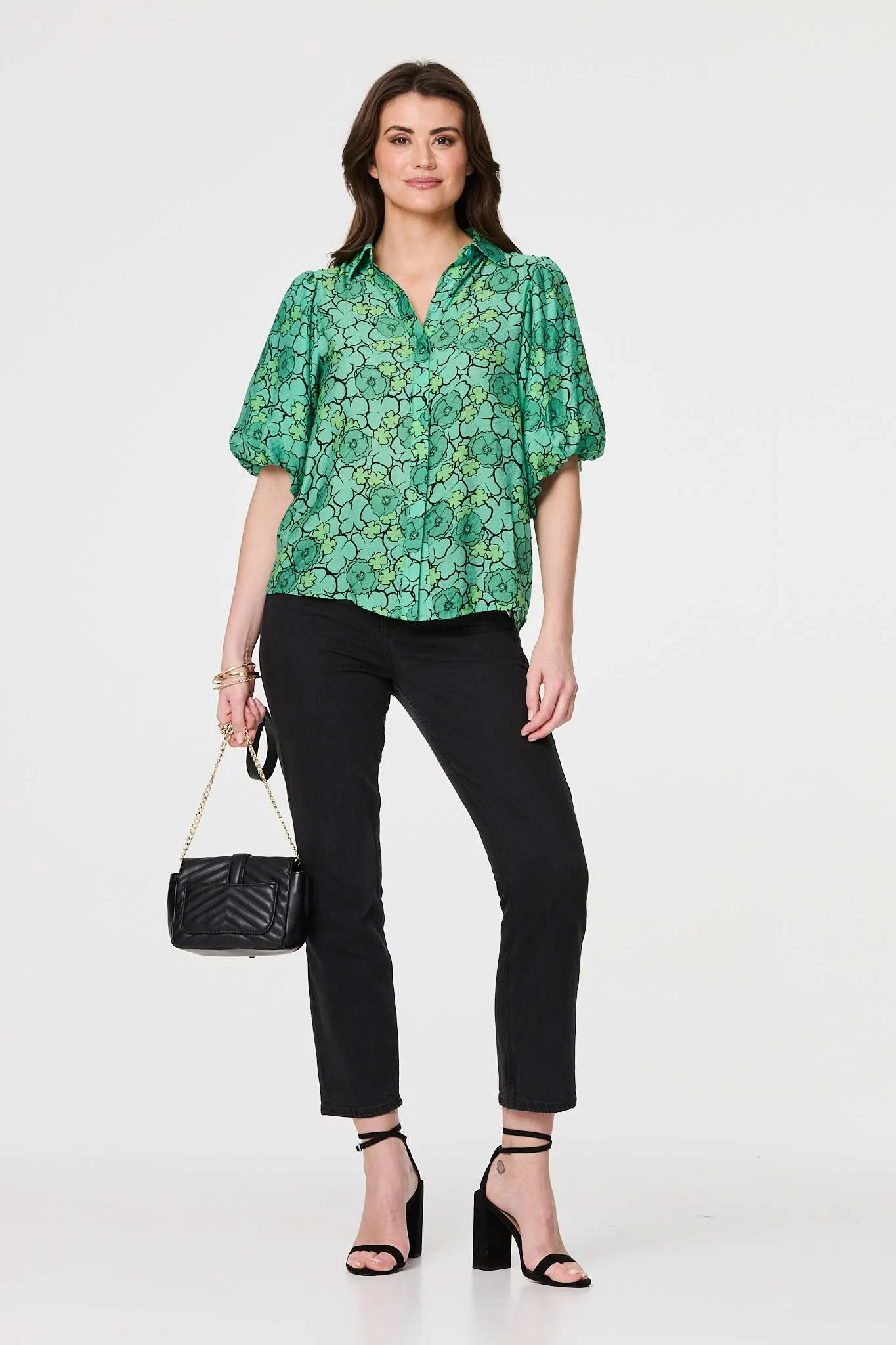 Leaf Print 1/2 Puff Sleeve Blouse