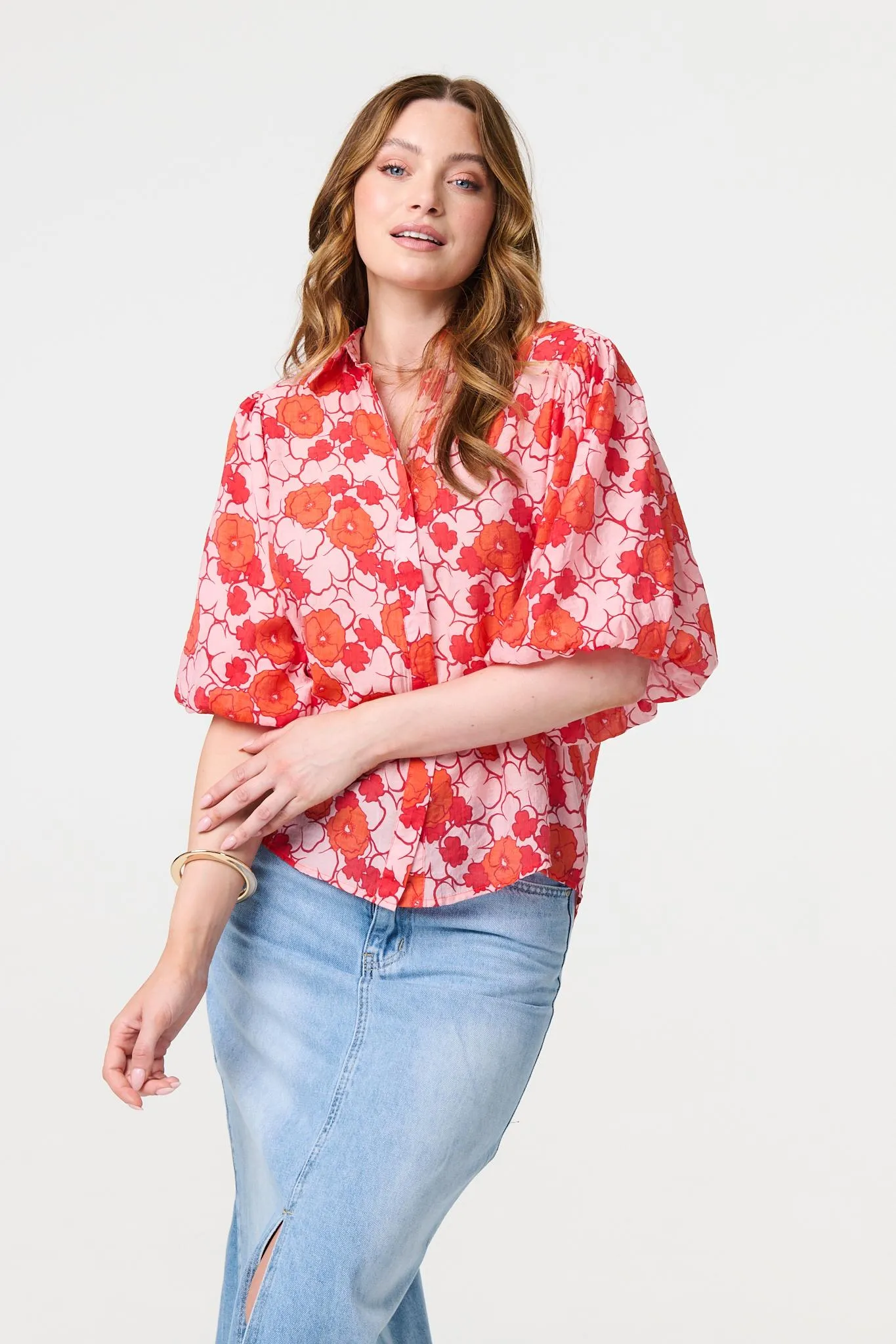 Leaf Print 1/2 Puff Sleeve Blouse