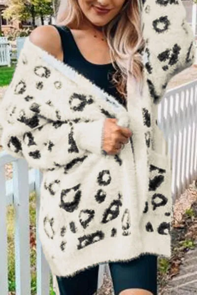 Leopard Open Front Cardigan with Pockets