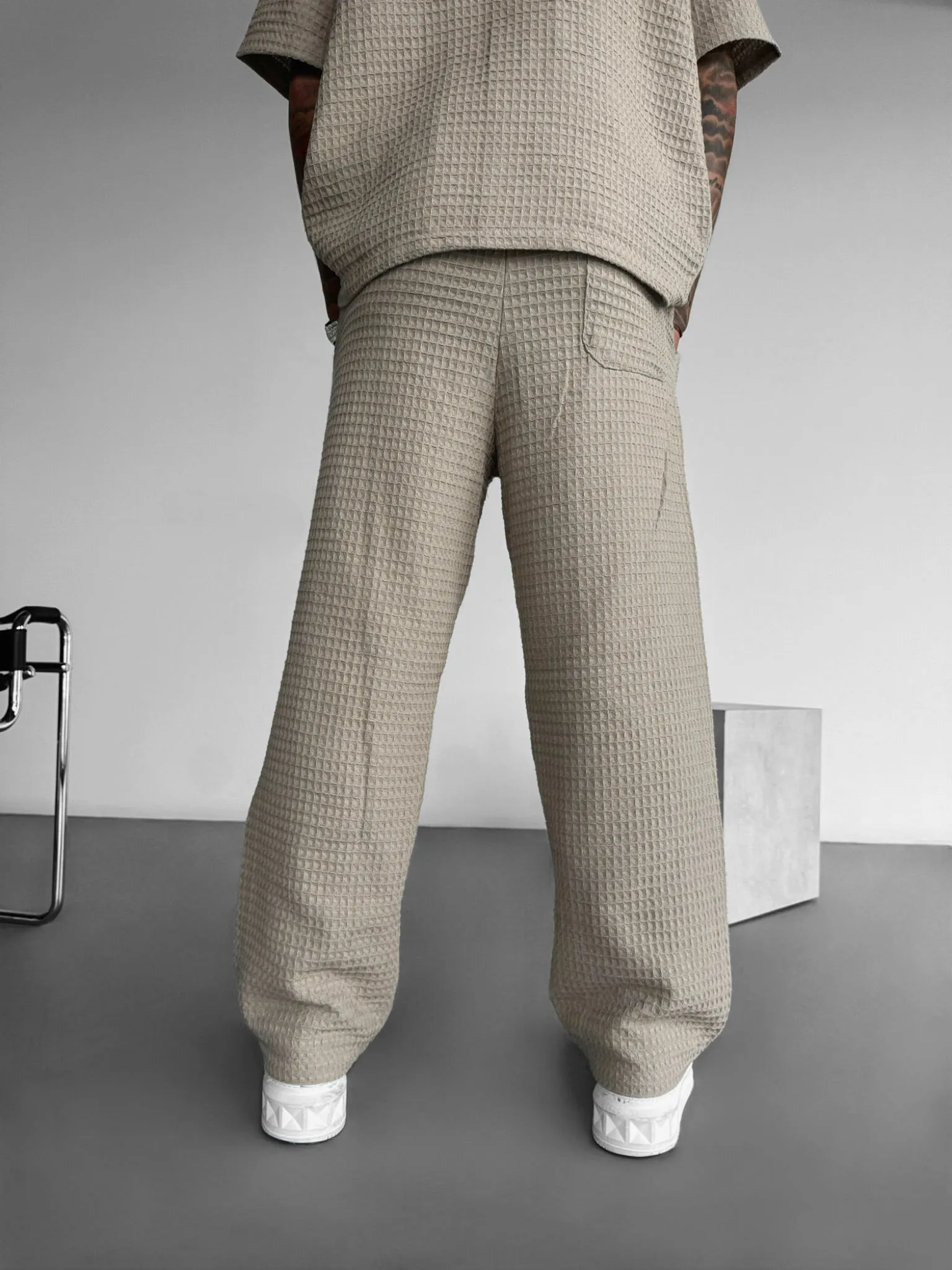 Loose Fit Waffle Trousers - Beige