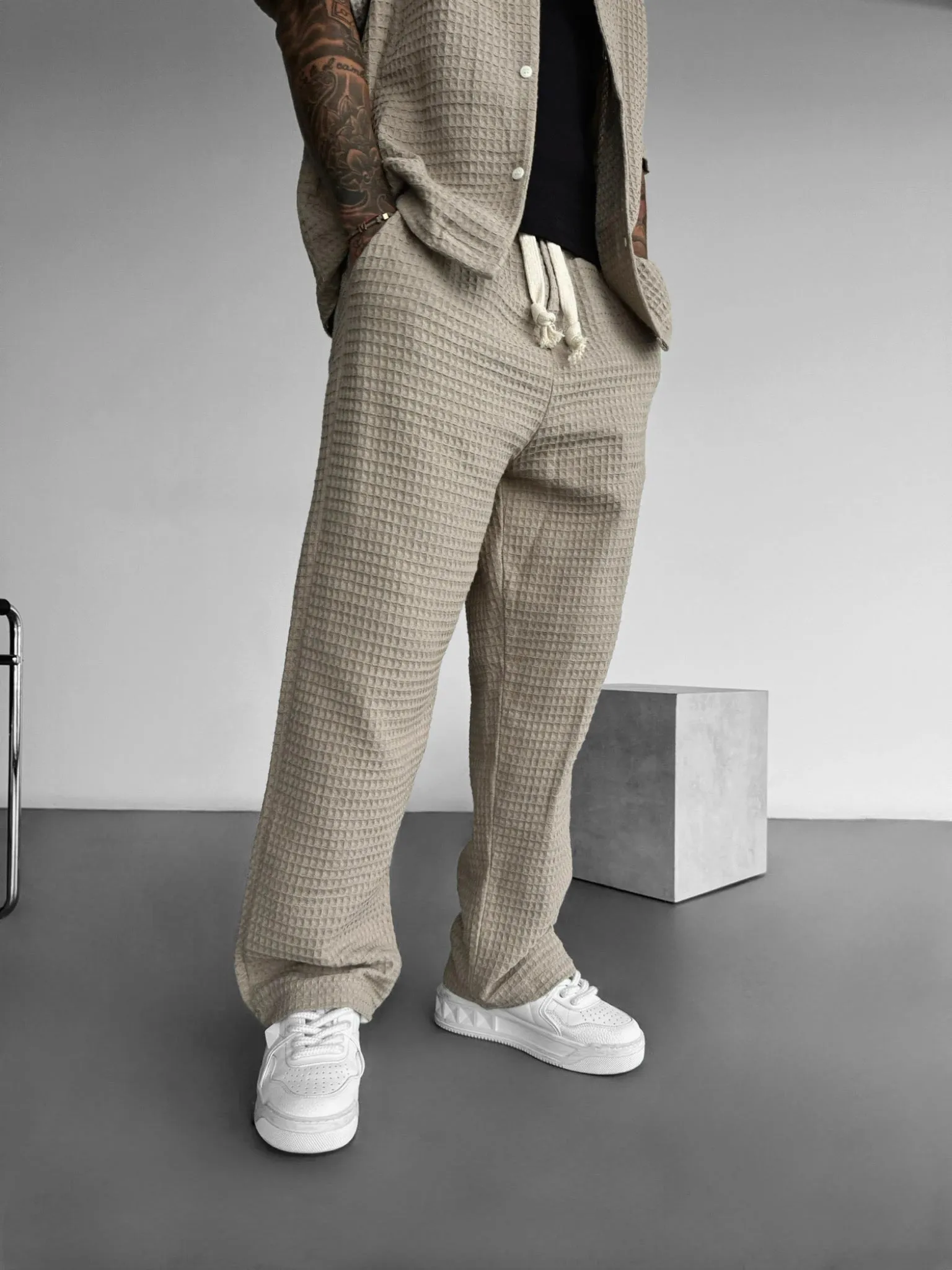 Loose Fit Waffle Trousers - Beige