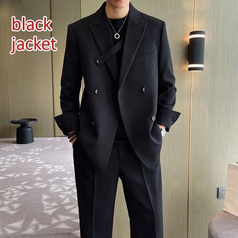 Men Fashion Double Breasted Loose Casual Suits Blazer Wide Leg Pants