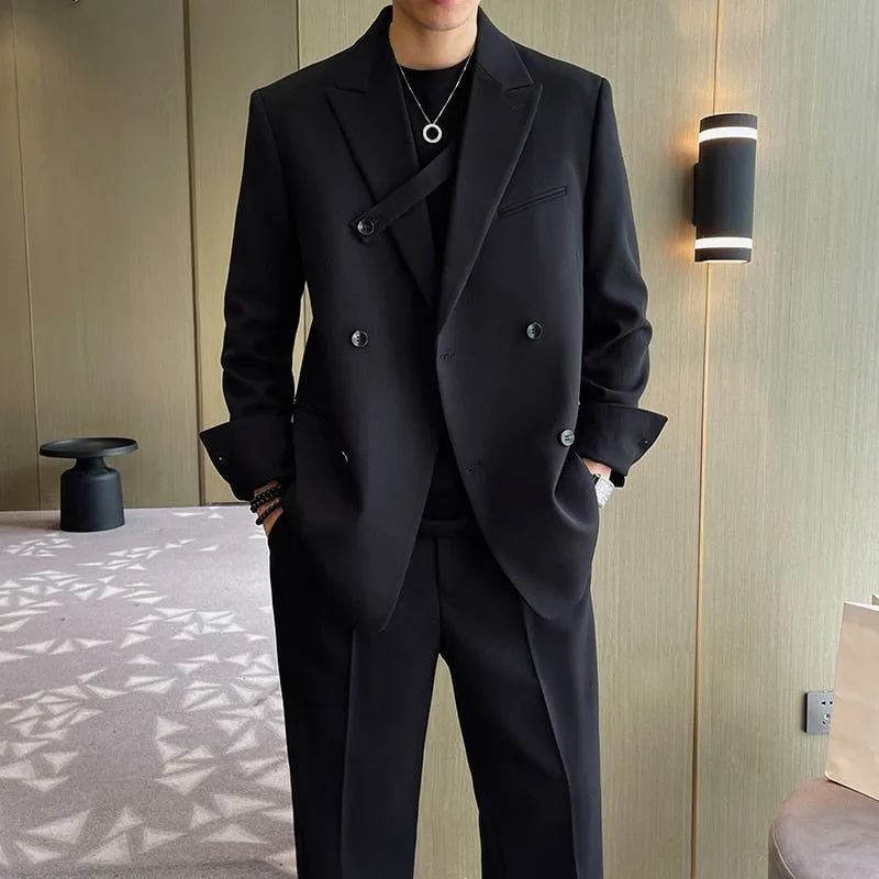 Men Fashion Double Breasted Loose Casual Suits Blazer Wide Leg Pants