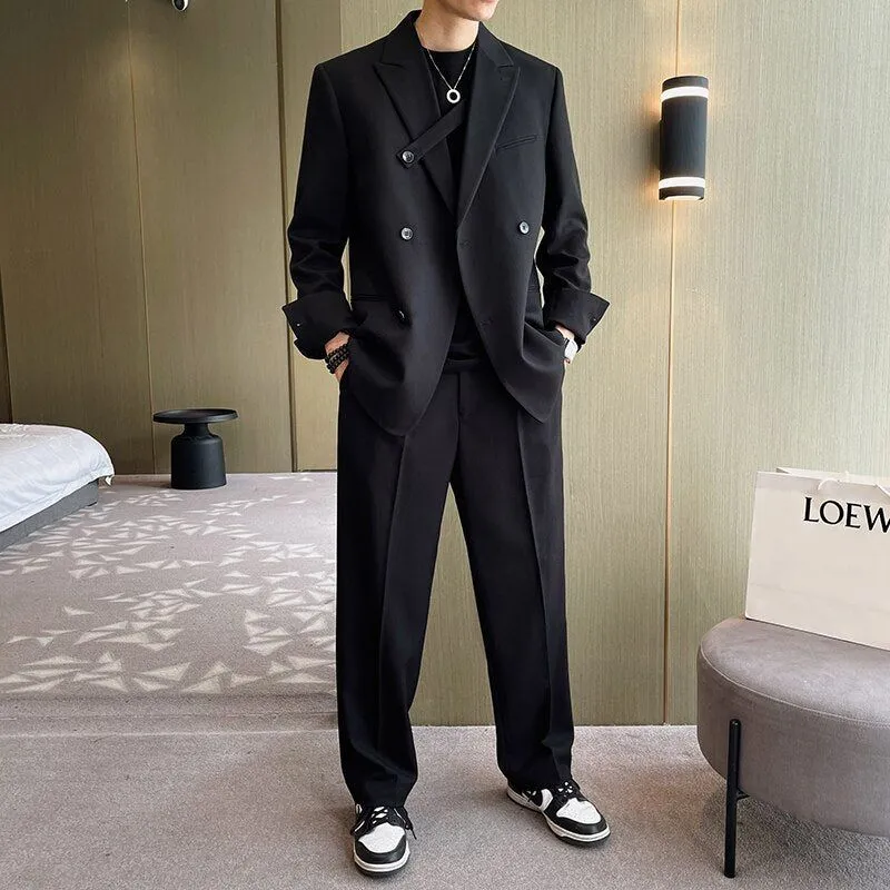 Men Fashion Double Breasted Loose Casual Suits Blazer Wide Leg Pants